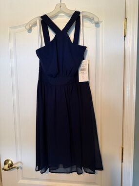David's Bridal Navy Cross-Back Chiffon Midi Dress